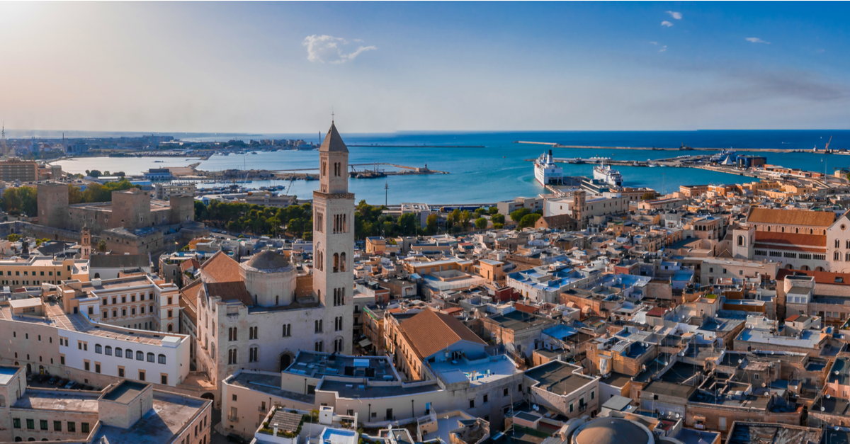 Bari: Aerial view of the cathedral and old town.