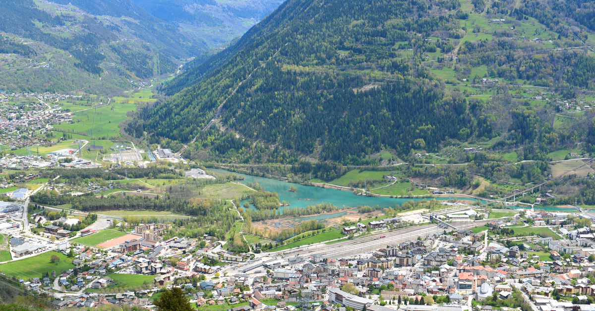 Bourg Saint Maurice: aerial view on alpine city.