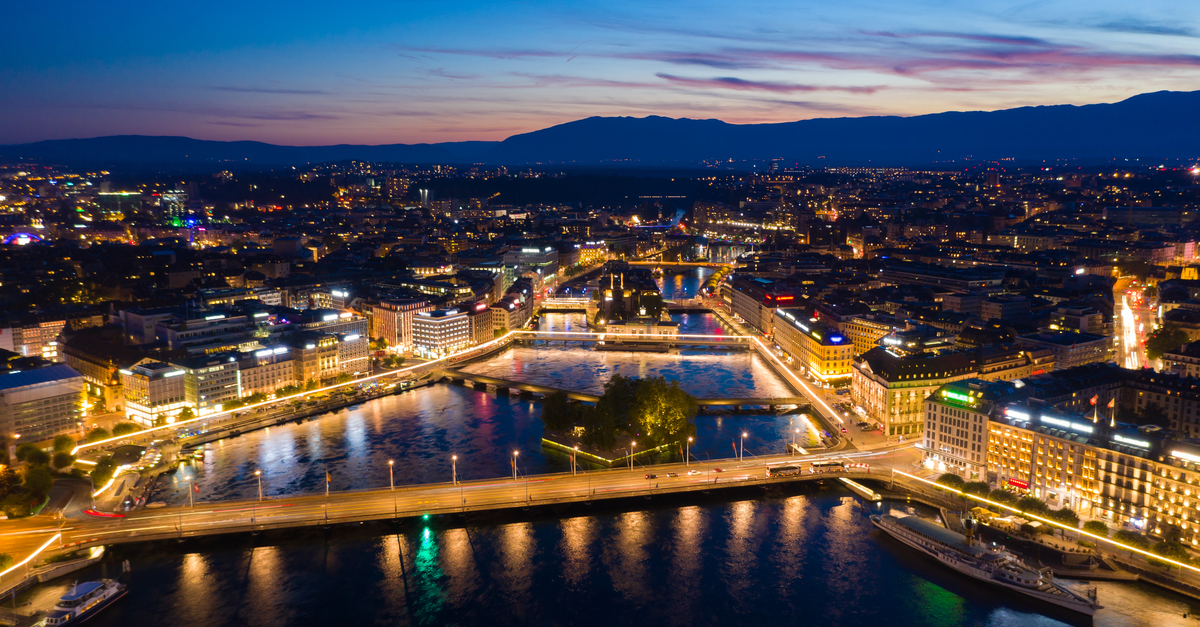 Geneva: aerial view of city waterfront.