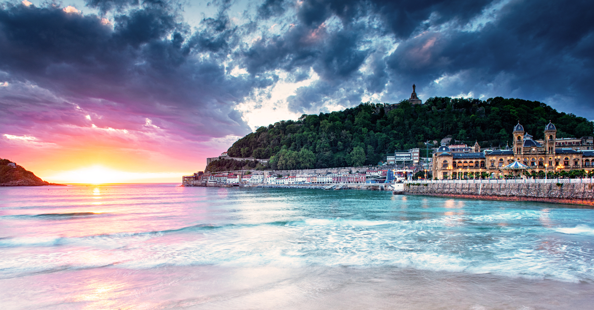 San Sebastian: View of the old town at sunset.